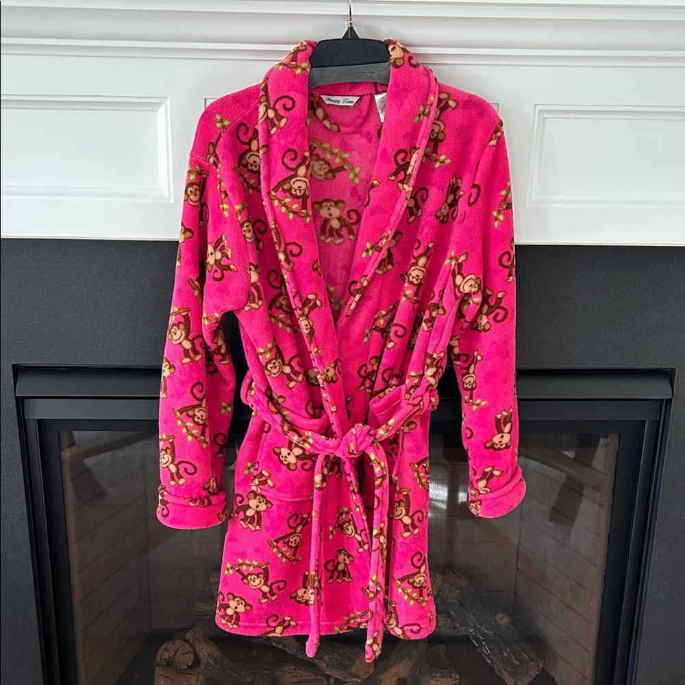Fleece Robe Pink Monkey Print (S/M)